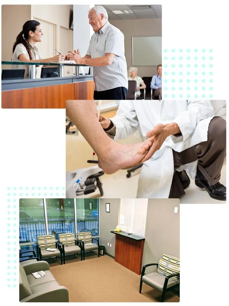 Elderly Visiting a Podiatry clinic in Houston for CheckUp, Podiatrist checking up a patient's foot, and a wait room podiatry clinic in Cypress Tx