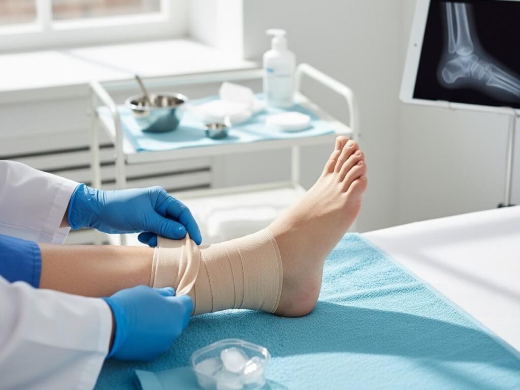 Hand in glove examining a foot on a medical bed in '5-can-po...' panel, showcasing care like a Medicaid podiatrist Cypress visit.