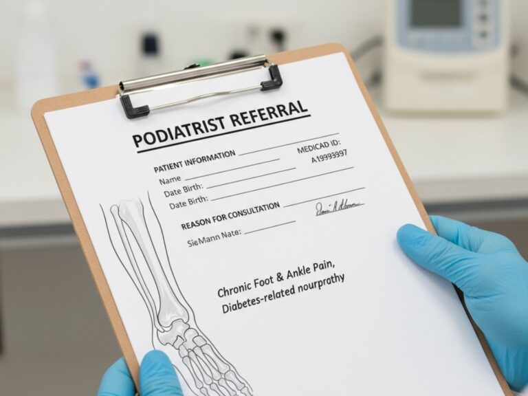 Hand holding a medical document in '9-do-in...' panel, representing paperwork for Medicaid podiatrist Cypress appointments.