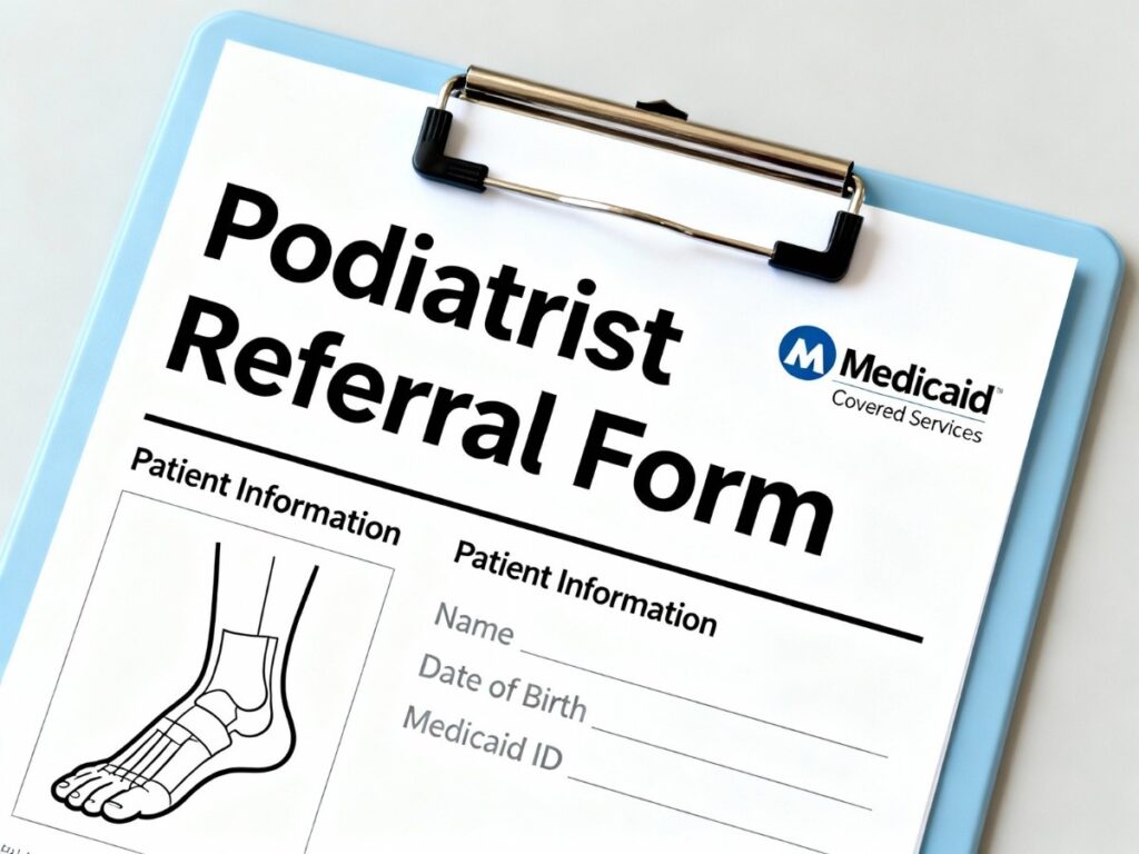 Podiatrist Referral Form with clipboard in '10-do-in...' panel, linked to Medicaid podiatrist Cypress services.