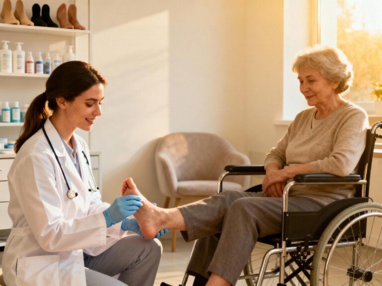 Nurse assisting an elderly patient in a wheelchair, reflecting Humana podiatrist Cypress support.