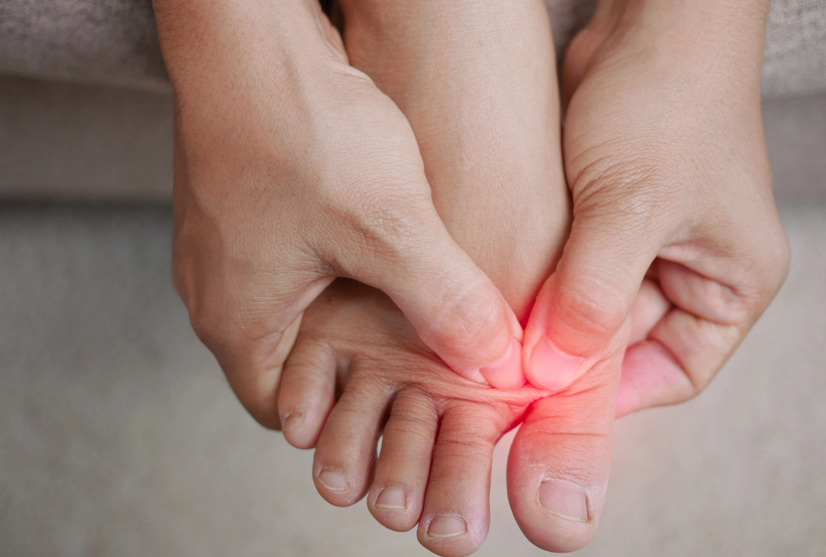 Heel Pain Treatment Cypress targets joint inflammation and foot pain. Hands press sore area near big toe for relief.