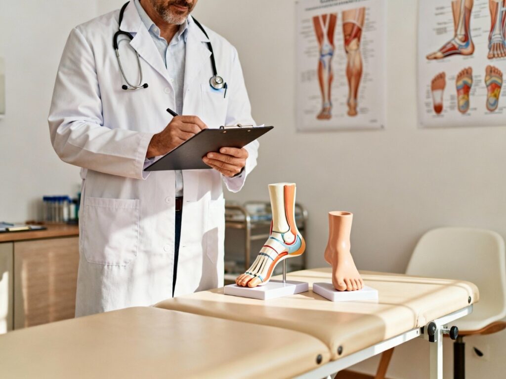Doctor reviewing charts with foot models, highlighting podiatrist who take Friday Health Plan Cypress.