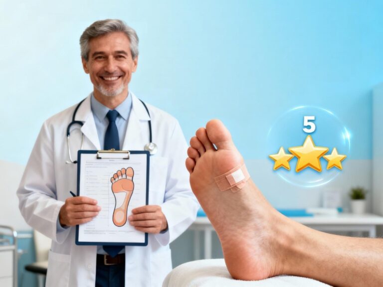 Doctor with a 5-star rating and foot icon, promoting foot specialist doctor Cypress services.