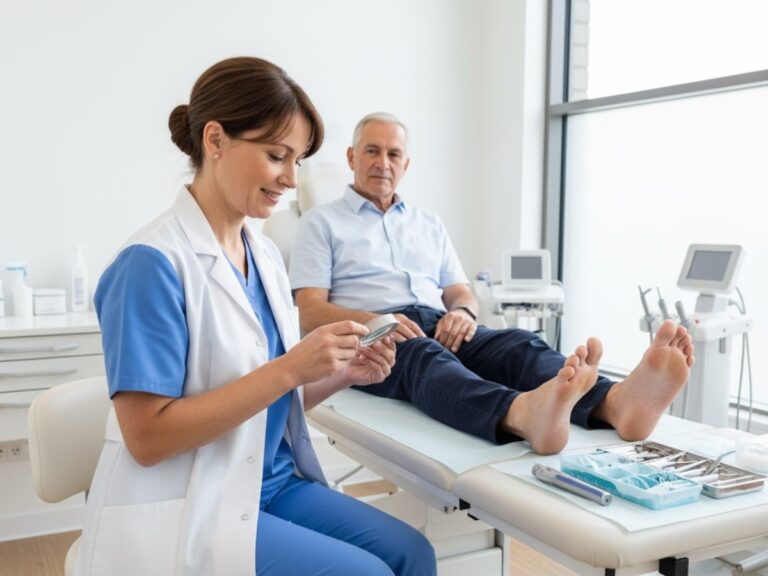 Nurse and doctor examining a foot, showcasing podiatrist Cypress expertise in care.