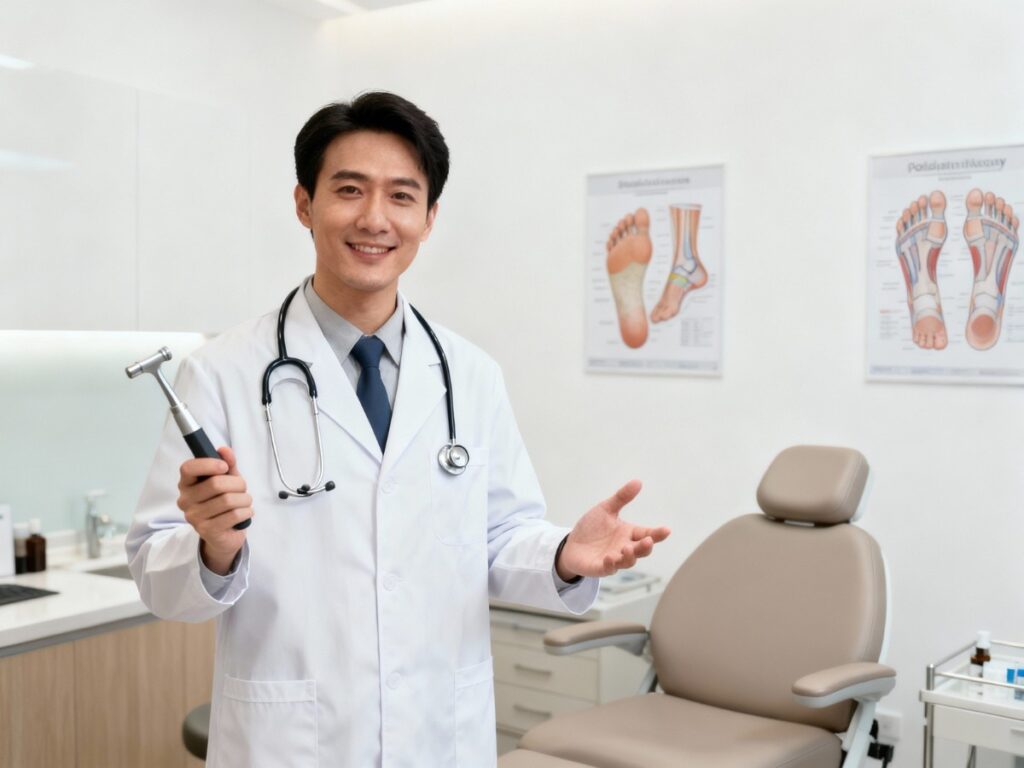 Doctor with charts in, highlighting professional podiatrist Cypress consultations.