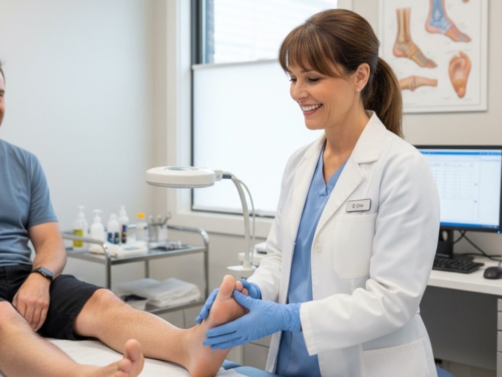 Doctor in white coat with patient, reflecting podiatrist Cypress medical services.