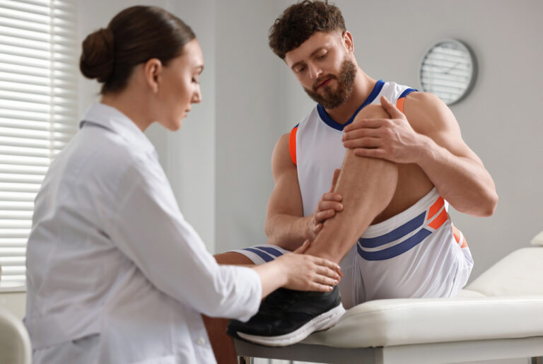 DPM Doctor Cypress performing a clinical orthopedic leg exam to diagnose lower limb pain and mobility issues.