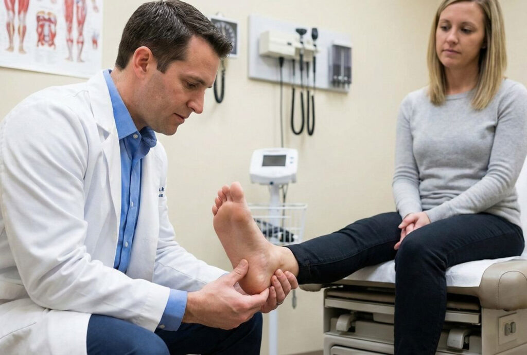 A DPM closely examines a patient's heel for signs of plantar fasciitis or Achilles tendonitis during a clinical checkup.