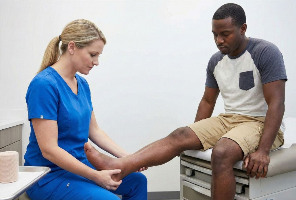 A medical assistant in scrubs supports a patient's leg during a DPM foot and ankle injury assessment in a clinic setting.