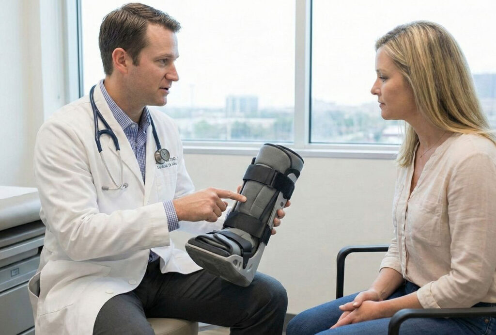 A diabetic wound care doctor in Houston discusses a medical walking boot with a female patient during a consultation.