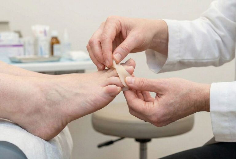 A foot specialist doctor carefully applies a small protective pad to a patient's toe to relieve discomfort during a visit.
