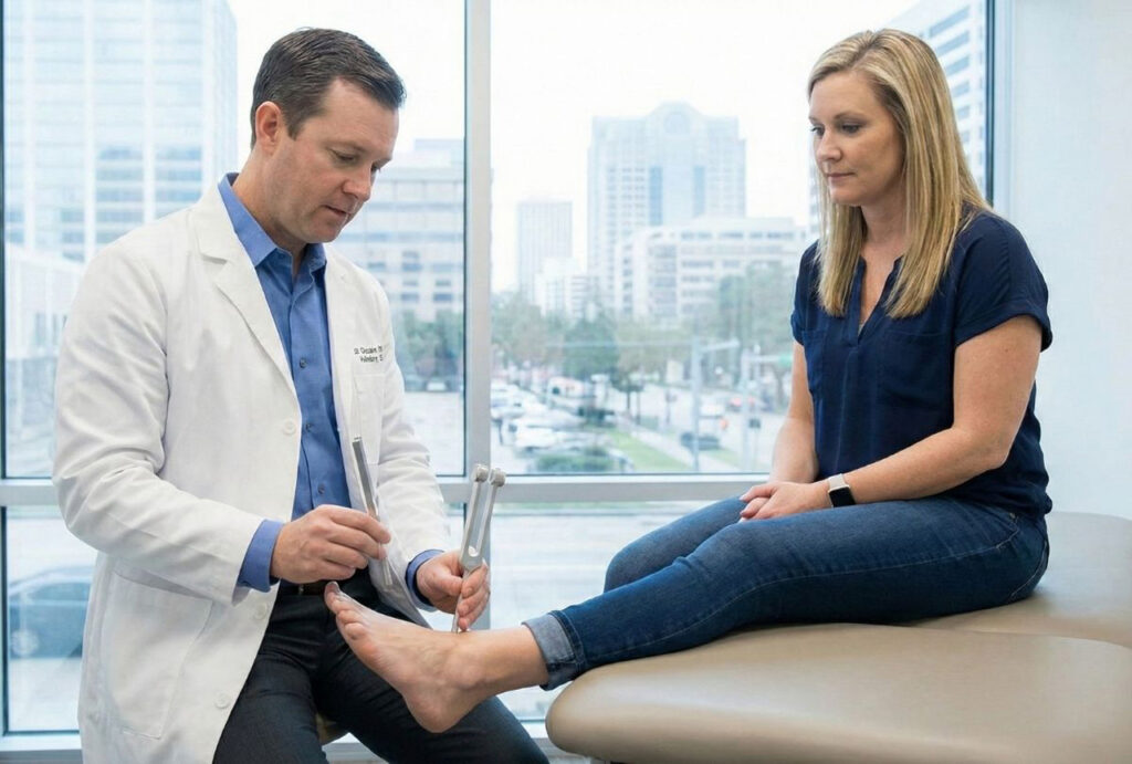 A Houston DPM doctor examining a patient's foot in a clinical setting to determine the best course of medical treatment.