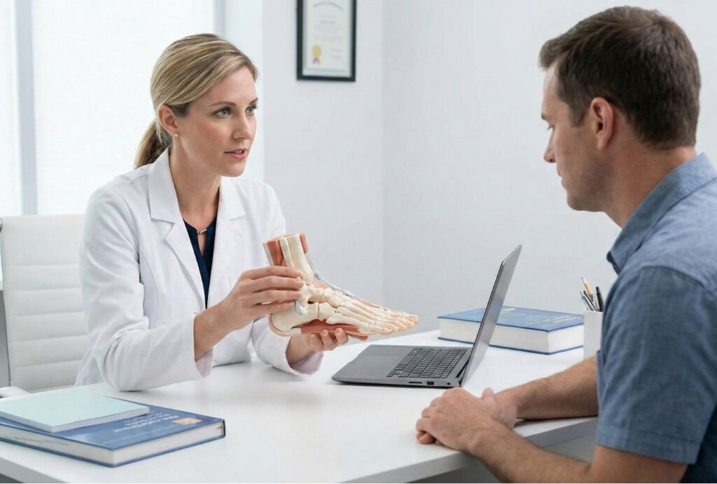 A DPM doctor examining a patient's heel pain in a clinic to decide if specialist care is needed over a primary doctor.
