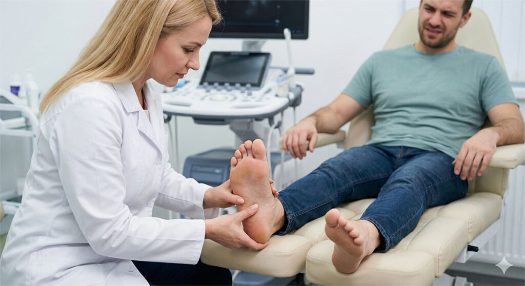 Female plantar fasciitis doctor carefully examining patient's painful heel and foot during professional clinic consultation.