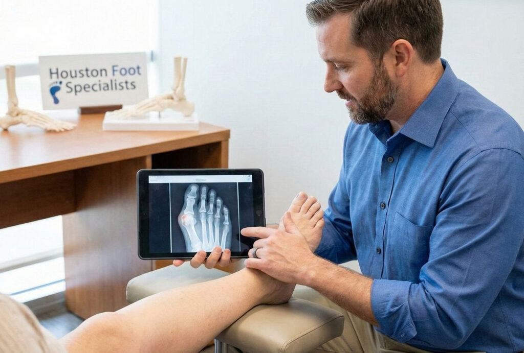 A foot specialist doctor explains a digital foot X-ray on a tablet to a patient during a consultation at a clinic.
