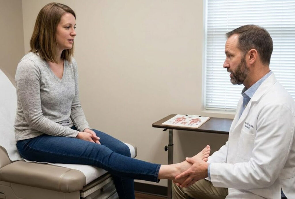 Heel pain doctor Houston performs in-office foot exam to diagnose and treat chronic heel discomfort.