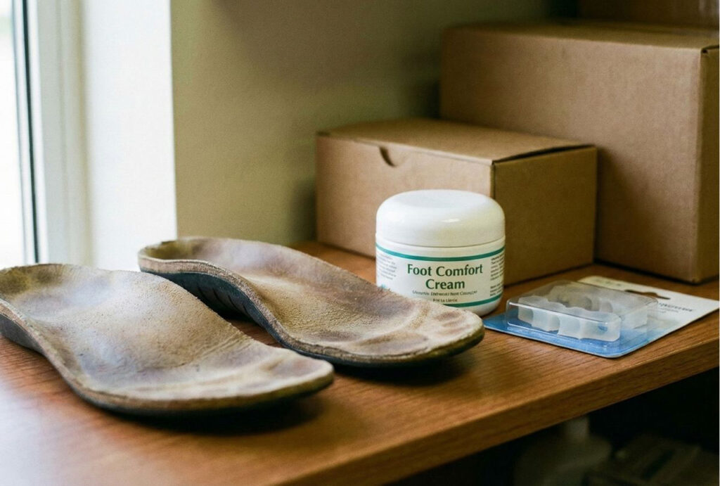 A pair of custom orthotics and foot comfort cream are displayed on a shelf, often recommended by a foot specialist doctor.