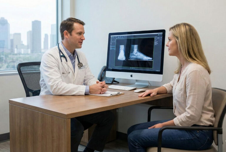 A diabetic wound care doctor in Houston reviews patient foot X-rays on a computer during a follow-up appointment.