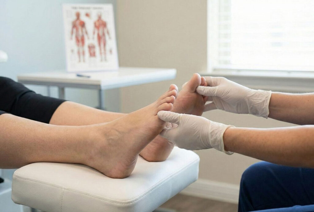 A Bluecross Blueshield podiatrist examines a patient's foot and ankle during a covered office visit for pain or injury.
