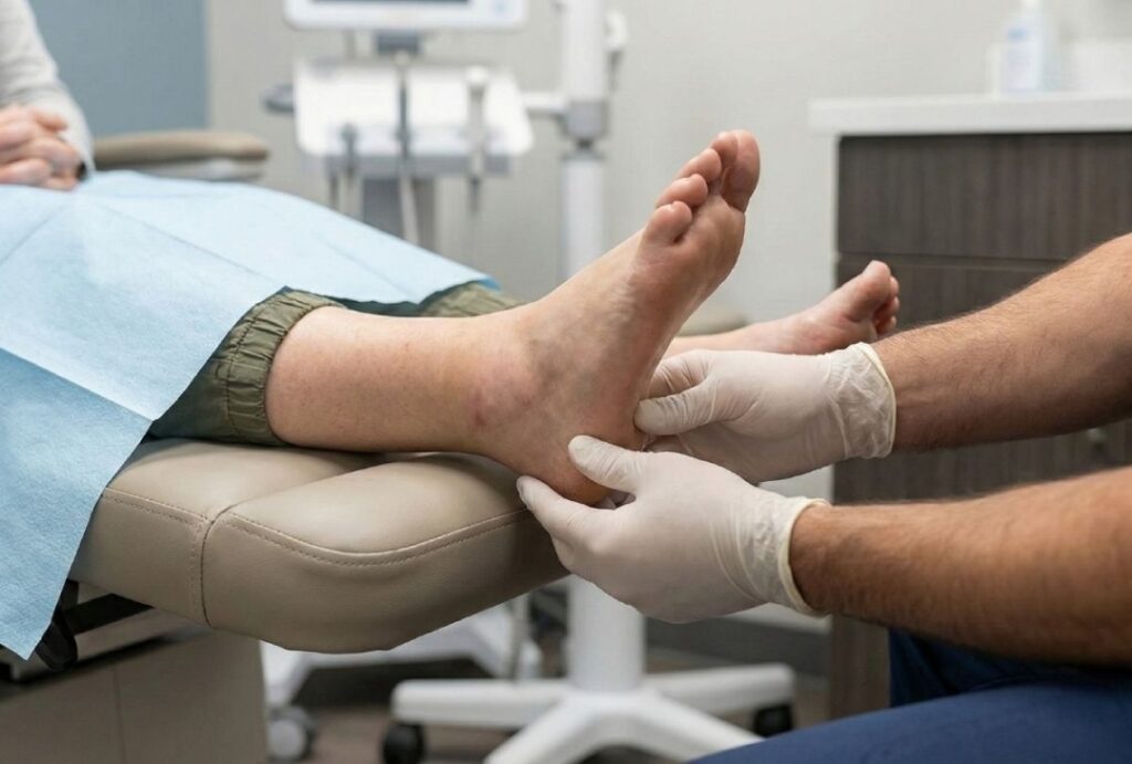 A podiatrist in a clinic examines a patient's heel, a common procedure for those with a BlueCross BlueShield podiatrist insurance plan.