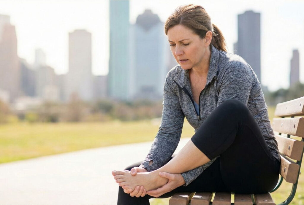 A woman experiencing foot pain after exercise could benefit from finding a Bluecross Blueshield podiatrist for diagnosis.