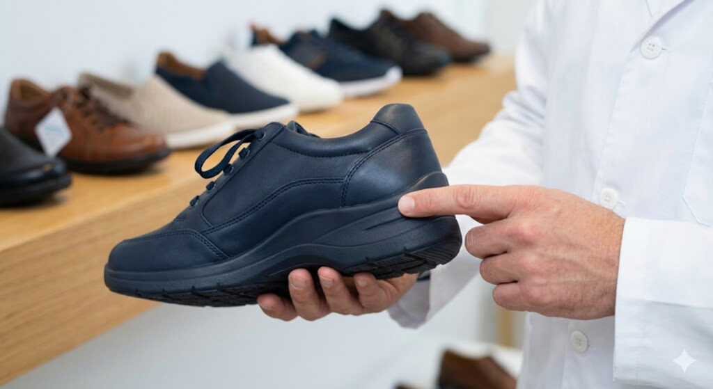 A cash pay podiatrist in a white coat points to the heel support of a dark blue orthopedic shoe in a clinic setting.