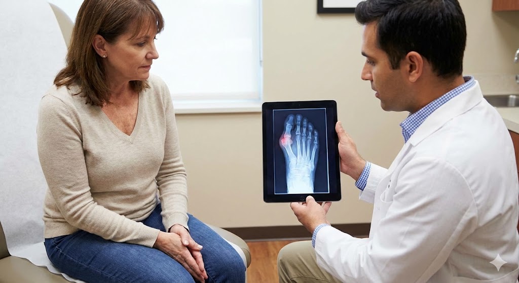 A doctor and patient discuss bunion surgery options while looking at a digital foot X-ray on a tablet in a clinic.