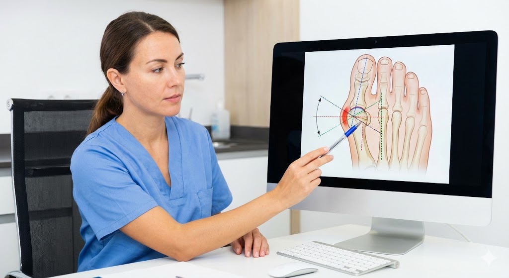 A foot surgeon points to an anatomical diagram of a foot with a bunion, planning a bunion surgery procedure. 