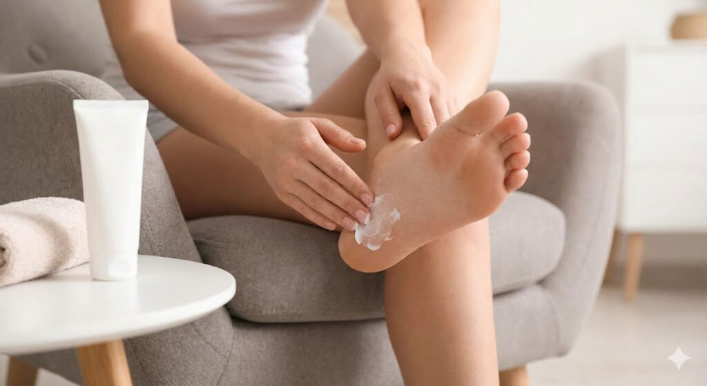 A person applying moisturizing cream to their foot as part of a daily routine for preventative diabetic foot care treatment.