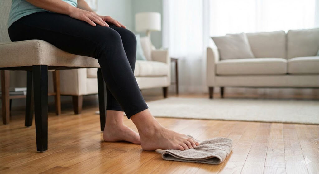 Person doing seated towel scrunches, a common early recovery exercise recommended by bunion surgery doctors.