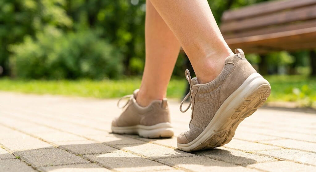 A person in comfortable walking shoes on a path, representing the positive outcomes of effective diabetic foot care treatment.