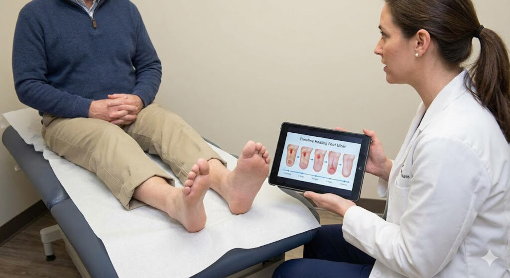 A podiatrist explains the timeline of a healing diabetic foot ulcer to a patient, a key part of diabetic foot care treatment.