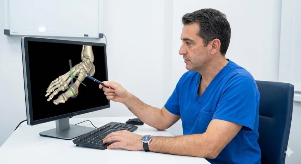 A surgeon plans a bunion surgery procedure using a 3D anatomical model on a computer screen in a medical office.