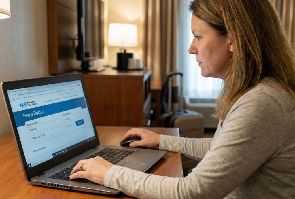 A woman in a hotel room uses her laptop to search for a BlueCross BlueShield podiatrist through the online provider directory.