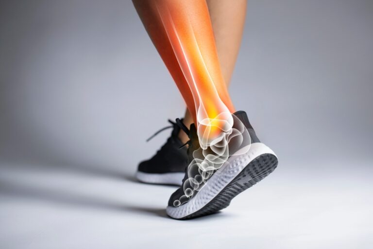 An anatomical overlay highlights a glowing ankle bone on a runner to show why you need a foot specialist doctor.