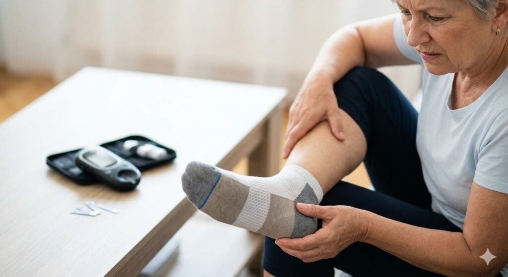A senior diabetic woman experiences persistent heel pain and gently massages her foot at home, signaling the need of heel pain doctor in Houston.