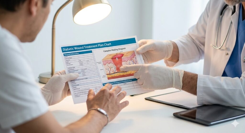 A specialized diabetic wound care doctor cypress and patient review a comprehensive treatment chart.