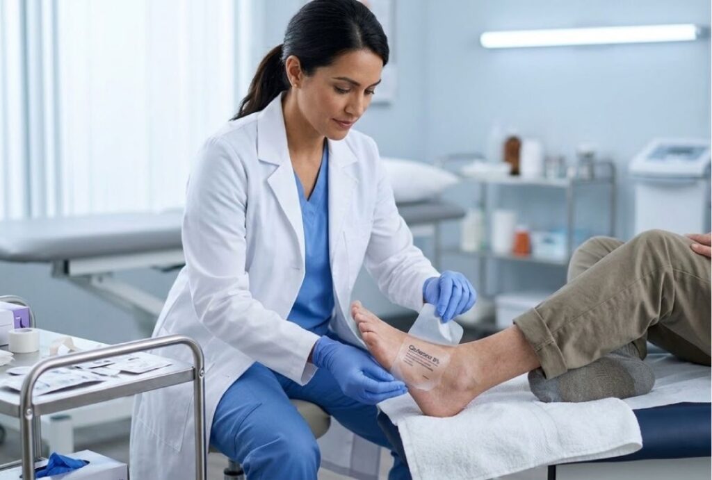 A doctor applies a medicated patch to a patient's foot during a specialized qutenza treatment near me appointment.