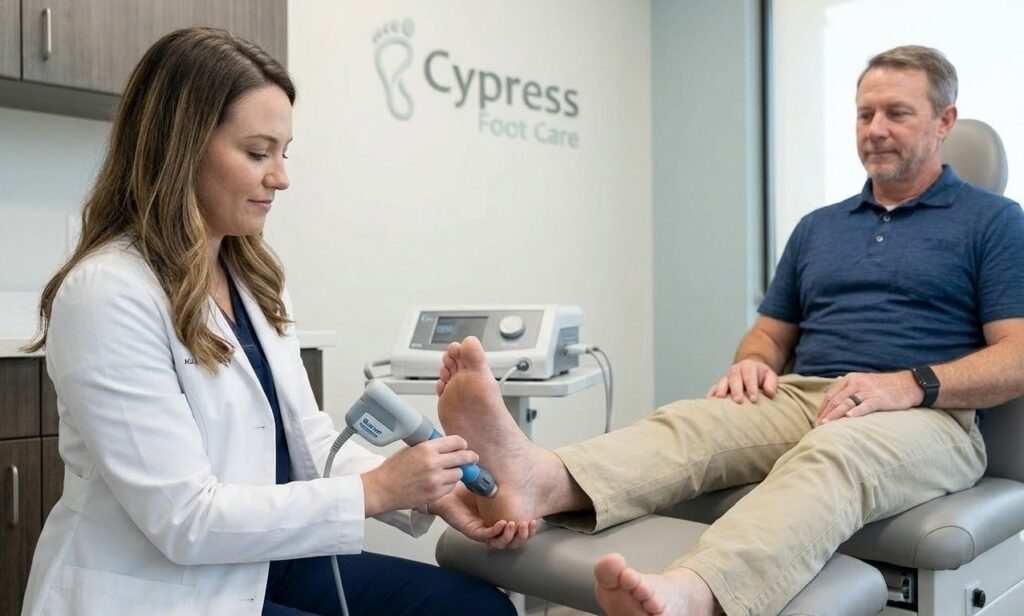 Administering shockwave therapy, a plantar fasciitis doctor in Cypress TX applies a medical device to a patient's heel.