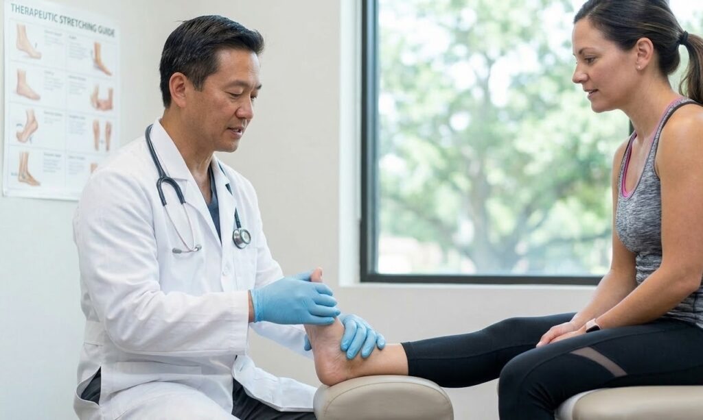 A foot and ankle specialist Houston carefully guides the patient through a therapeutic plantar fascia stretch.