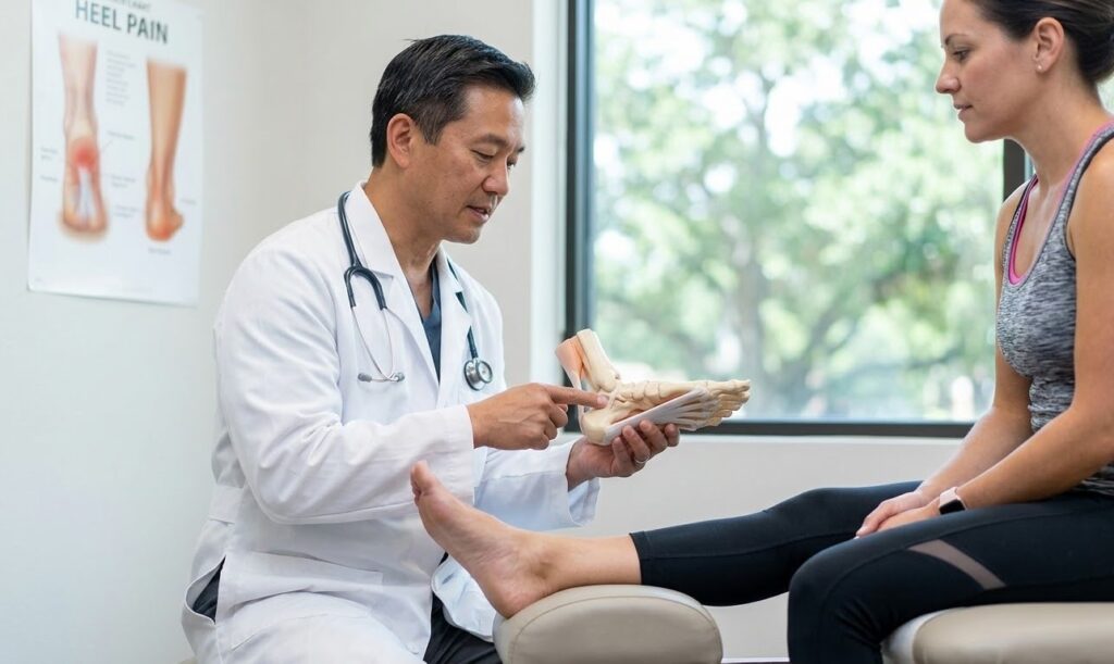 A foot and ankle specialist Houston explains non-surgical plantar fasciitis treatments using an anatomical model.