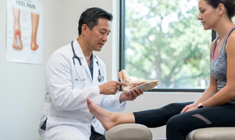 A foot and ankle specialist Houston explains non-surgical plantar fasciitis treatments using an anatomical model.