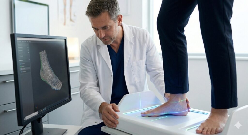 A foot and ankle specialist Houston uses advanced 3D scanning technology to analyze a patient’s foot alignment.