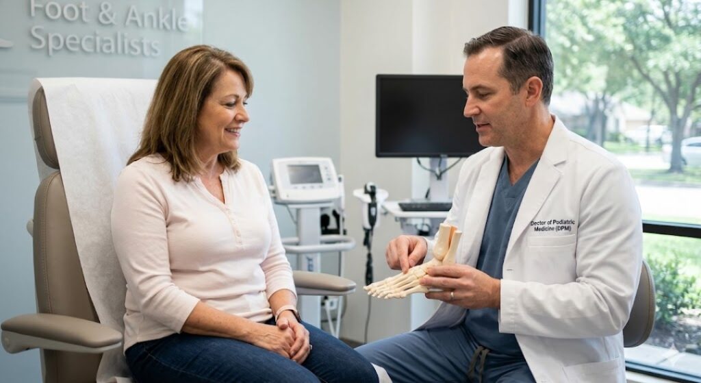 A Houston DPM explaining foot anatomy using a model to a patient in a clinic during a consultation.