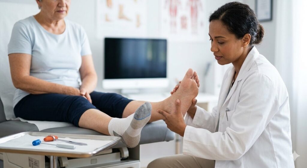 A Houston podiatrist examines a diabetic patient's heel during a consultation, providing advice on when to see a heel pain doctor in Houston.