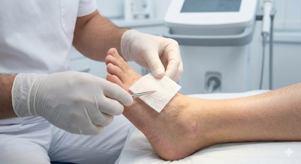 A specialized diabetic wound care doctor cypress meticulous application of a regenerative matrix, non-surgical treatment