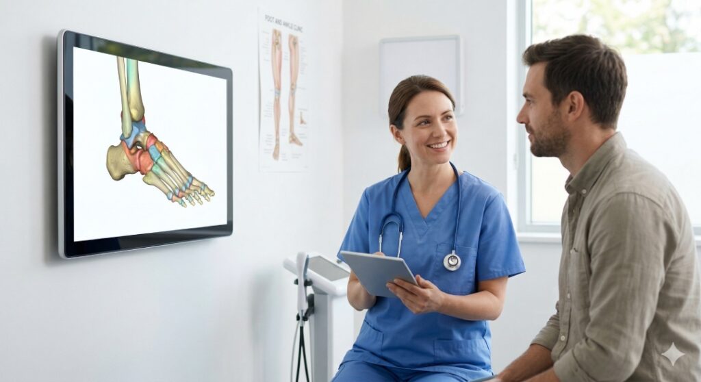 A nurse discusses a complex 3D foot anatomy model with a patient in Houston. Meet our foot and ankle specialist Houston