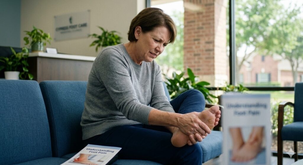 Patient in wincing pain while holding her sore heel in a comfortable waiting room, seeking a plantar fasciitis doctor cypress.