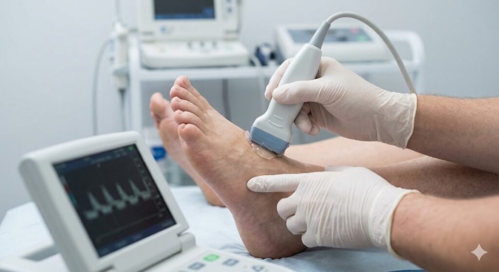 A diabetic wound care doctor cypress performing a non-invasive vascular Doppler circulatory check on a foot.